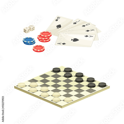 Poker and checkers board games objects set vector illustration