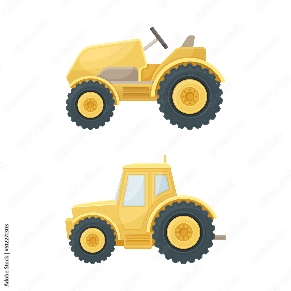 Obraz premium Farm tractors set. Heavy agricultural machinery vector illustration