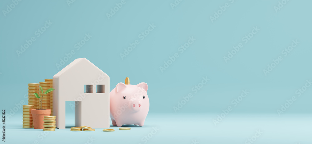 Home and piggy bank gold coins with copy space 3D render Stock ...