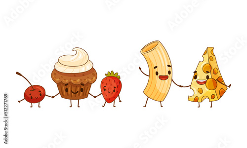 Fast food set. Cupcake and berries, cheese and pasta are friends forever cartoon vector illustration