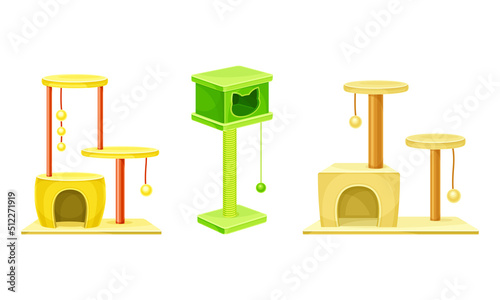Set of cat tree house with scratching post and hanging balls. Pet supplies and accessories set cartoon vector illustration