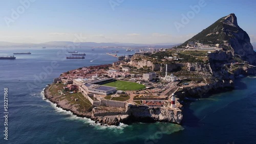 Aerial View Of Gibraltar's Europa Point With Lighthouse. drone pullback