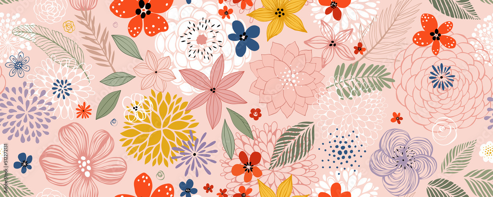 Horizontal floral seamless pattern with many decorative flowers, leaves and twigs. For fashion fabrics, children’s clothing, T-shirts, postcards, templates and scrapbooking. Vector illustration. - obrazy, fototapety, plakaty 