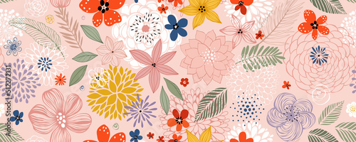 Print op canvas Horizontal floral seamless pattern with many decorative flowers, leaves and twigs