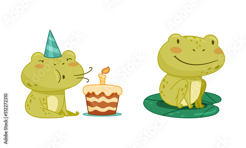 Green funny frog characters set. Cute toad amphibian animal blowing candle on birthday cake and sitting on lotus leaf cartoon vector illustration
