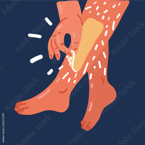 Cartoon vector illustration of depilatory wax to a young woman leg for hair removal. Depilation with wax or sugaring. Beauty concept.