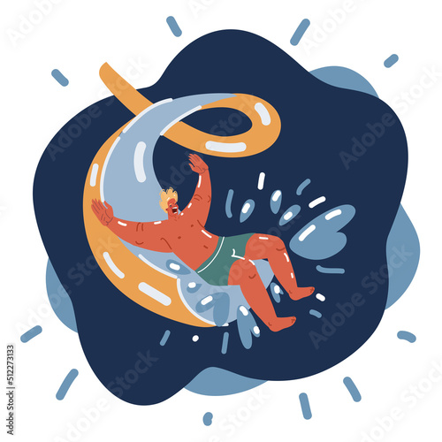Cartoon vector illustration of joyful man going down by slide make the water splashing in the aqua park. Summer Vacation. Weekend on resort