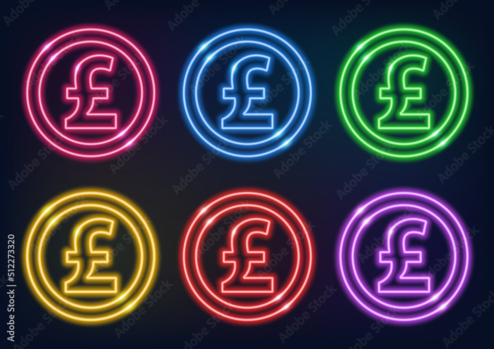 Set of neon signs of pound sterling in different colors. Neon sign. Glowing lines on a dark background. Set of neon signs of pound sterling in different colors. Neon sign. Glowing lines on a dark background.