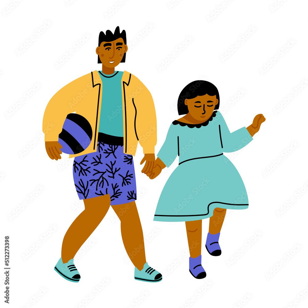 Brother and sister walk together holding hands. Black-skinned boy and girl on white background. African american kids. Simple vector flat illustration Brother and sister walk together holding hands. Black-skinned boy and girl on white background. African american kids. Simple vector flat illustration