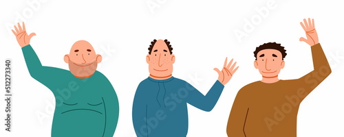 Fashionable men in casual clothes say hello. A set of flat vector illustrations with a gesture of greeting people.