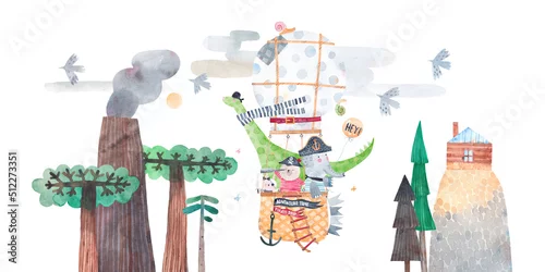 Obraz Animals traveling by balloon. Watercolor poster. Friends travel by air. Isolated on white background. Landscape with volcano, hill and big trees.