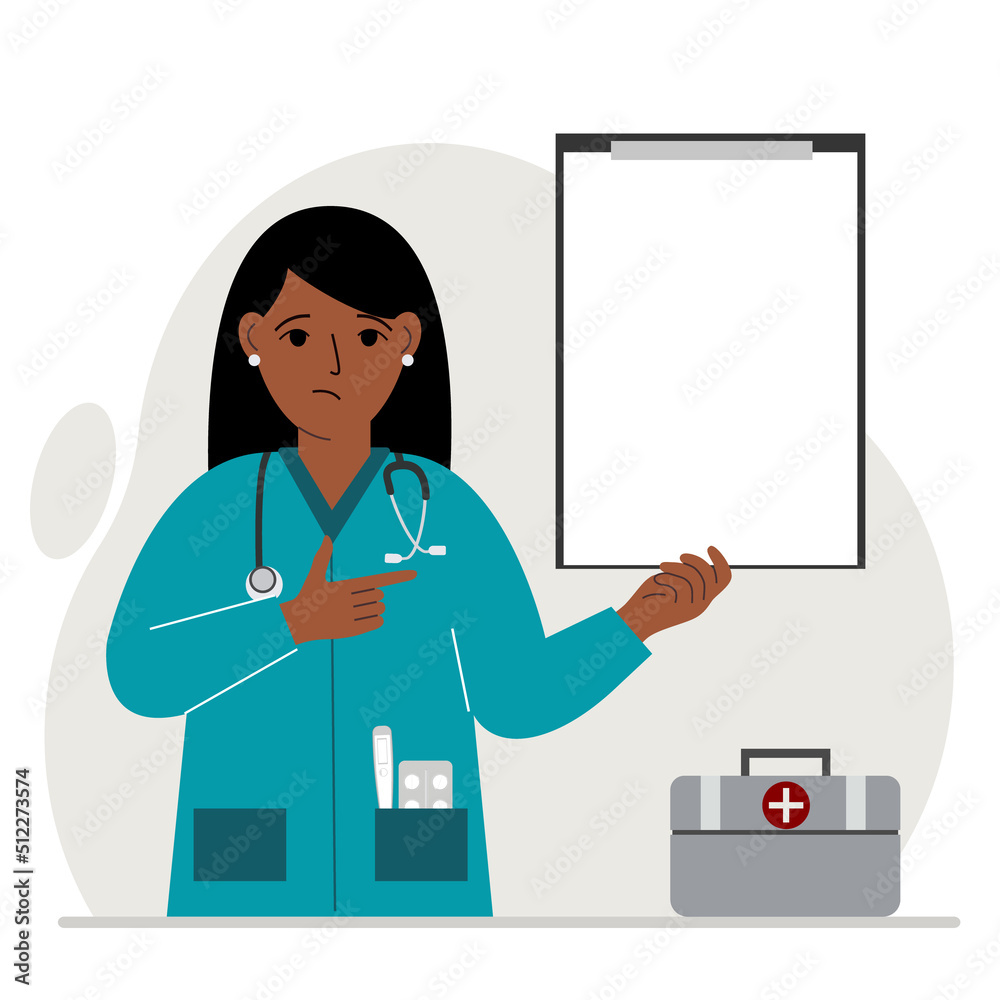 Sad woman doctor holding a file with blank paper for text. Vector Sad woman doctor holding a file with blank paper for text. Vector