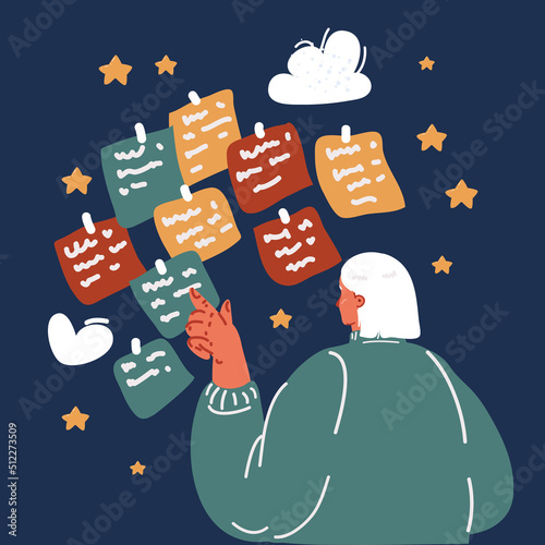 Cartoon vector illustration of woman look at sticky notes and point to it. Rear view