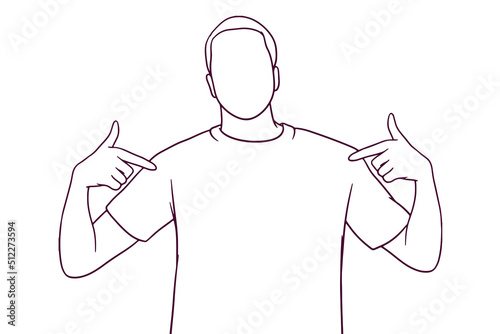 young man pointing his fingers on a blank t-shirt. hand drawn style vector illustration