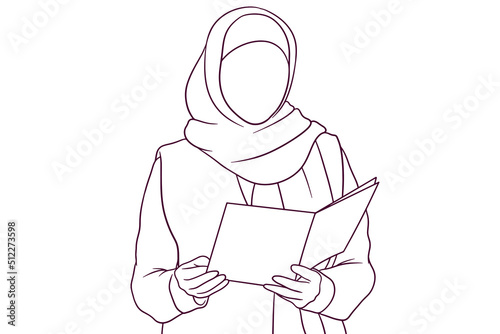 muslim businesswoman holding a book. business concept. hand drawn style vector illustration