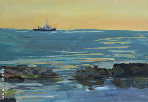 Sea ship gouache painting. Ship fishing at sunset. Author's illustration from nature in the open air. The concept of travel, summer, vacation vacations. Original postcard, website poster design