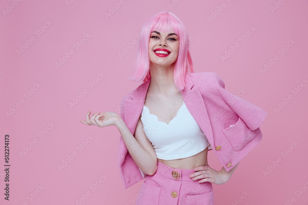 Portrait of a charming lady gesturing with hands pink jacket lifestyle glamor Studio Model unaltered Portrait of a charming lady gesturing with hands pink jacket lifestyle glamor Studio Model unaltered