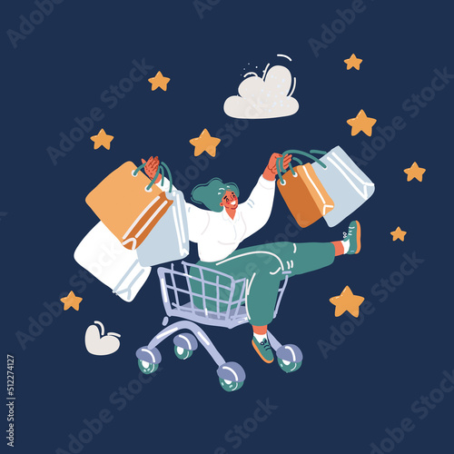 Cartoon vector illustration of cute excited young woman sitting in shopping cart holding bags. Happy character at night sale