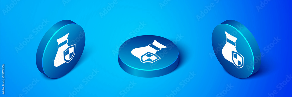 Isometric Money bag with shield icon isolated on blue background. Insurance concept. Security, safety, protection, protect concept. Blue circle button. Vector Isometric Money bag with shield icon isolated on blue background. Insurance concept. Security, safety, protection, protect concept. Blue circle button. Vector