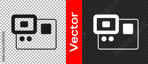 Black Action extreme camera icon isolated on transparent background. Video camera equipment for filming extreme sports. Vector