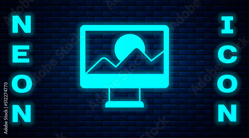 Glowing neon Photo retouching icon isolated on brick wall background. Photographer, photography, retouch icon. Vector