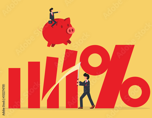 Hinder business interests. Businessman trying to use samurai knife to stop success, Businessman riding a piggy bank running and jumping