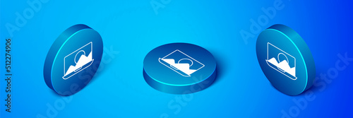 Isometric Photo retouching icon isolated on blue background. Photographer, photography, retouch icon. Blue circle button. Vector