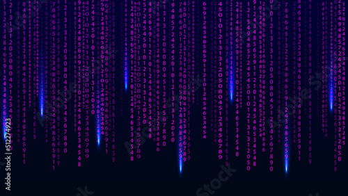 Purple matrix on the dark background with different numbers and light. Big data visualization. Digital texture backdrop. Vector illustration.