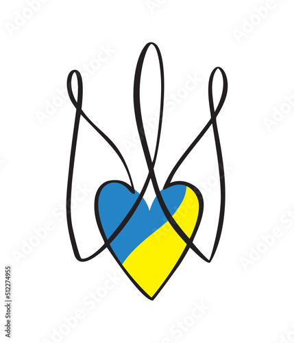Vector National ukrainian symbol Trident icon with heart blue and yellow. Hand drawn calligraphy Coat of Arms of Ukraine State emblem black color illustration flat style image