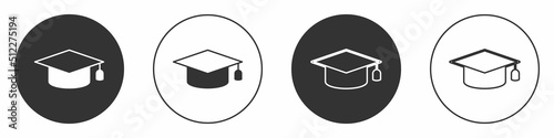 Black Graduation cap icon isolated on white background. Graduation hat with tassel icon. Circle button. Vector