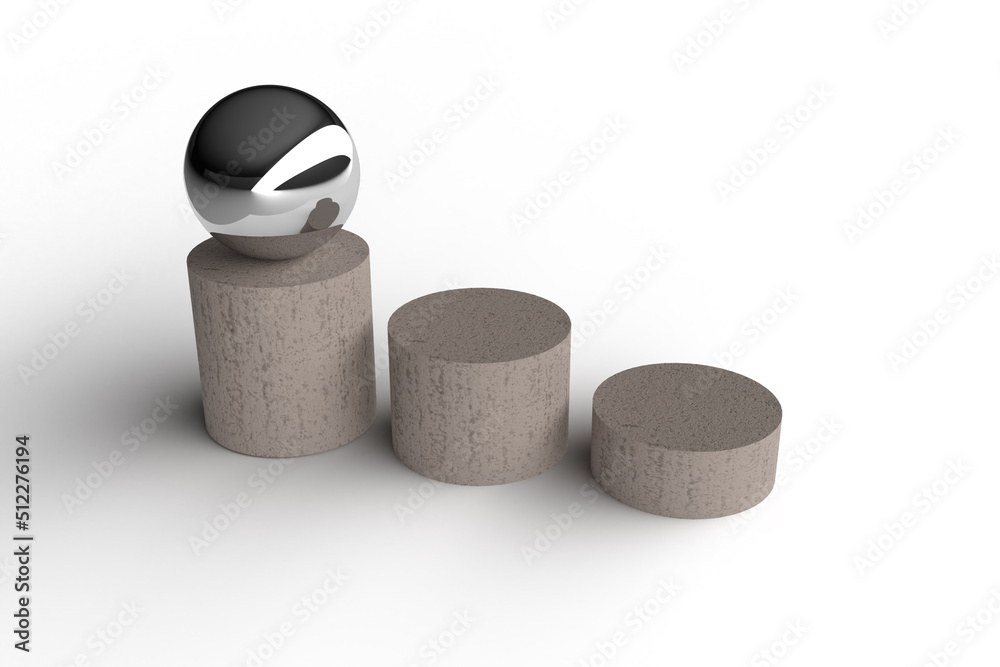 3D illustration with metal ball on stone steps 3D illustration with metal ball on stone steps