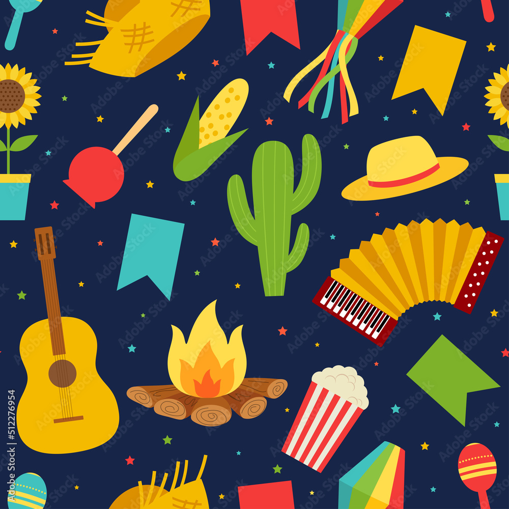 Vector Illustration Festa Junina. Symbols of party flags and paper lanterns, accordion, bonfire, guitar, cornhub, maracas, seamless pattern.