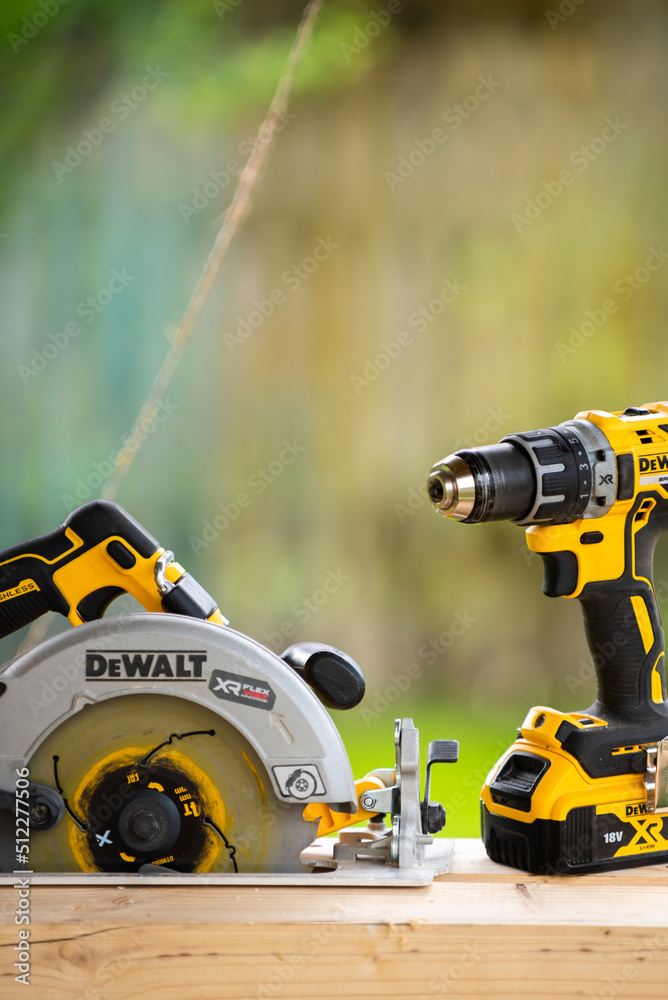 Ufa, Russia - June: DeWalt power tools in Ufa on June 17, 2022. DeWalt is  an American worldwide brand of power tools and hand tools for the  construction industry. cordless saw Stock