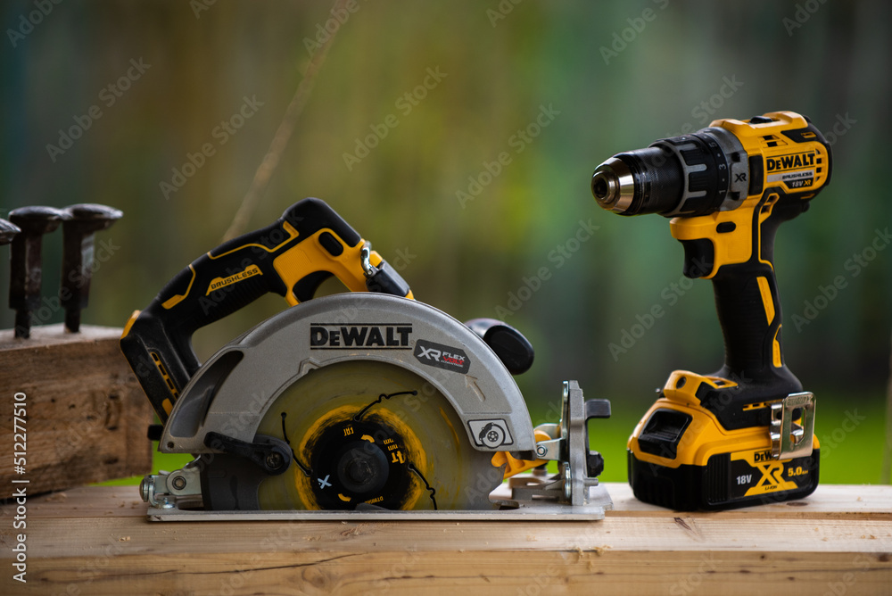 Ufa, Russia - June: DeWalt power tools in Ufa on June 17, 2022. DeWalt is  an American worldwide brand of power tools and hand tools for the  construction industry. cordless saw Stock