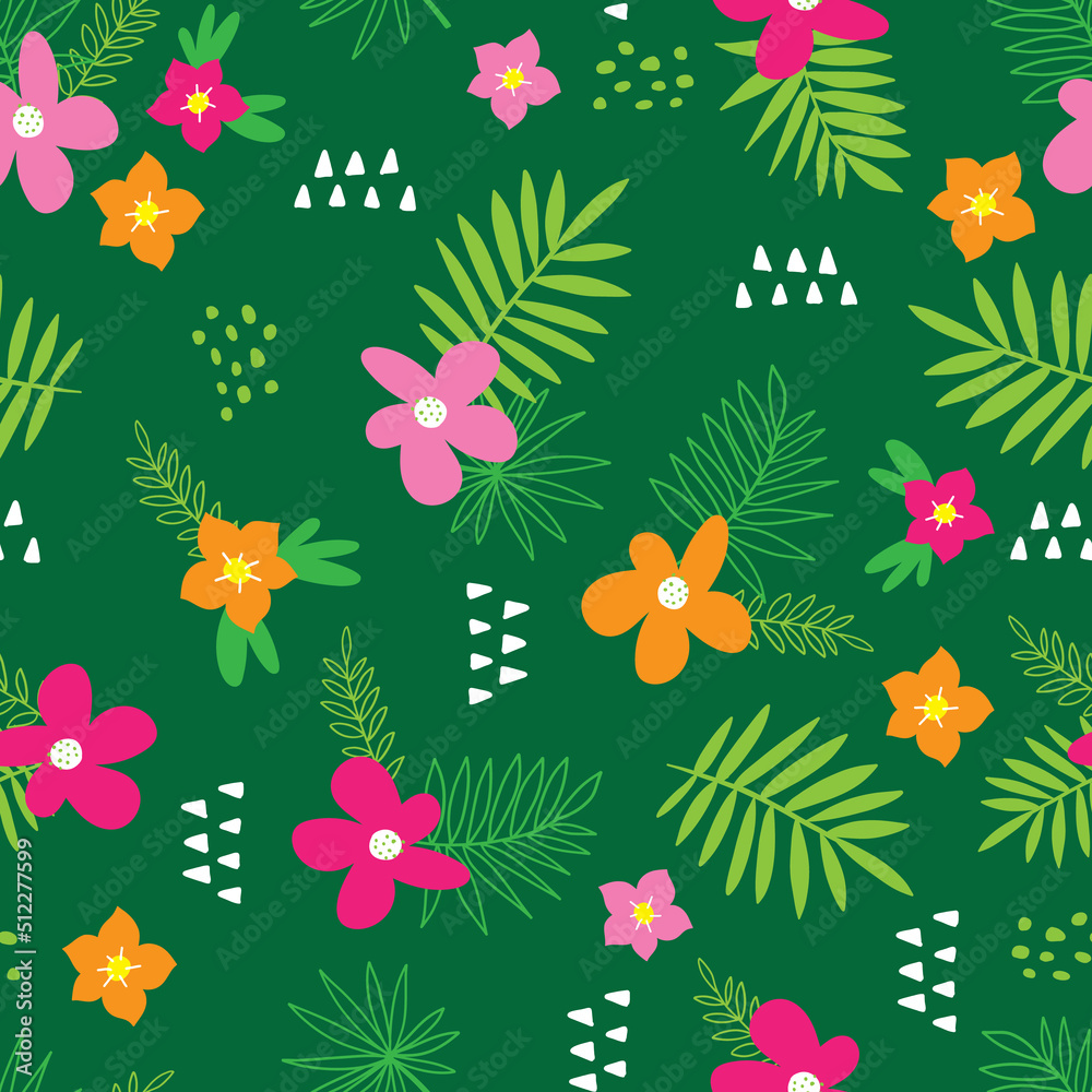 Seamless hand drawn tropical vector pattern with bright hibiscus flowers and exotic palm leaves on dark green background. Vector illustration for fabric, wrapping. Seamless hand drawn tropical vector pattern with bright hibiscus flowers and exotic palm leaves on dark green background. Vector illustration for fabric, wrapping.