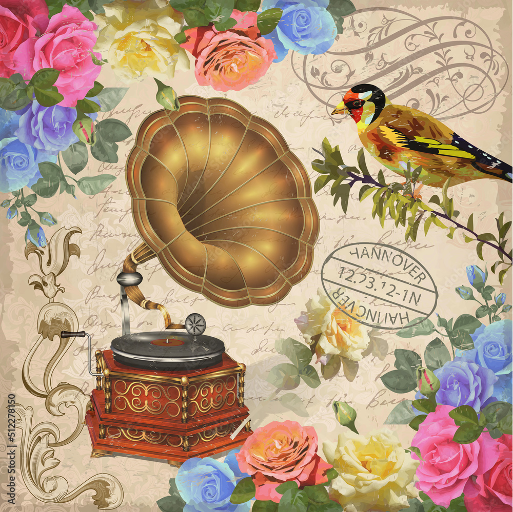 Seamless vintage background with rose, gramophone and bird.