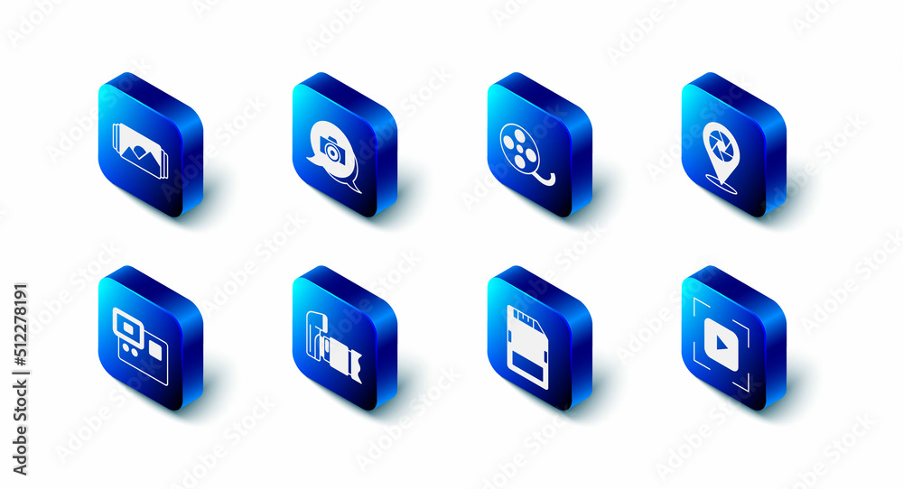 Set Photo camera, Film reel, Camera shutter, focus frame line, SD card, Action extreme and icon. Vector Set Photo camera, Film reel, Camera shutter, focus frame line, SD card, Action extreme and icon. Vector