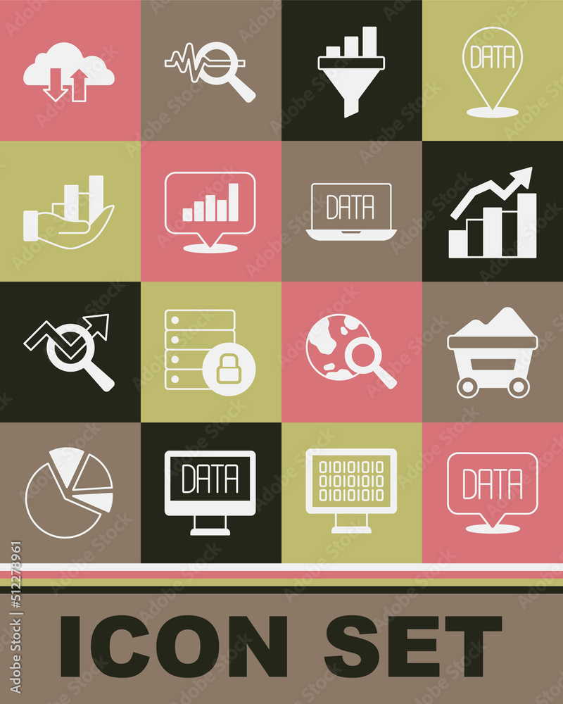 Set Data analysis, Coal mine trolley, Financial growth, Sales funnel with chart, Pie infographic, Cloud download and upload and icon. Vector Set Data analysis, Coal mine trolley, Financial growth, Sales funnel with chart, Pie infographic, Cloud download and upload and icon. Vector