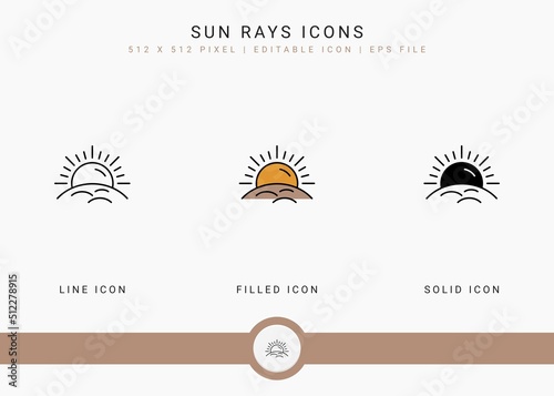 Sun rays icons set vector illustration with solid icon line style. Ultraviolet protection concept. Editable stroke icon on isolated white background for web design, user interface, and mobile app