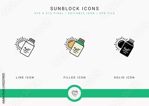 Sunblock icons set vector illustration with solid icon line style. Ultraviolet protection concept. Editable stroke icon on isolated white background for web design, user interface, and mobile app