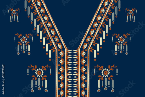 Vector vintage ethnic geometric V-neckline pattern with flower shape. Tribal art blue color batik shirts style.