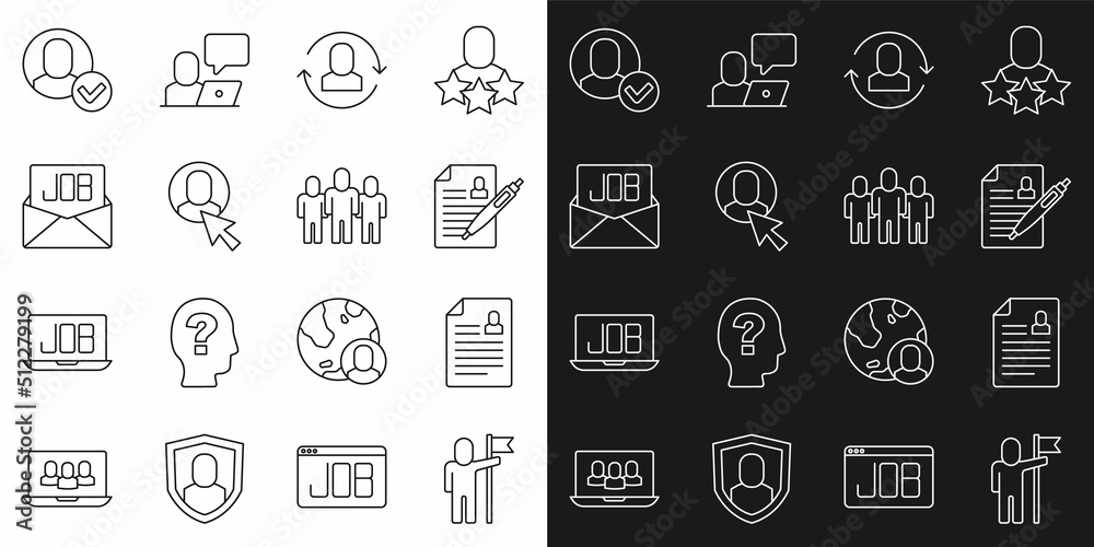 Set line Man holding flag, Resume, Exchange work, Worker, Search job, and Project team base icon. Vector Set line Man holding flag, Resume, Exchange work, Worker, Search job, and Project team base icon. Vector
