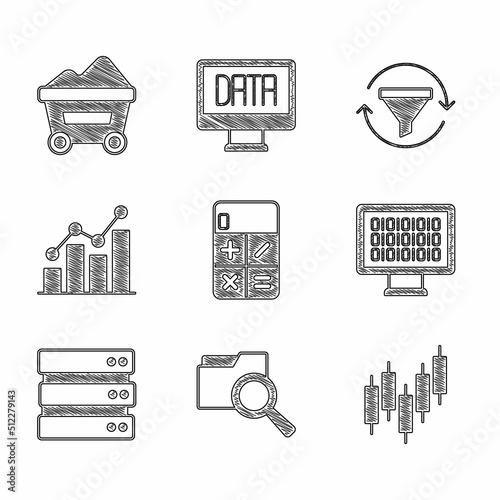 Set Calculator, Search with folder, Browser stocks market, Binary code, Server, Pie chart infographic, Sales funnel and Coal mine trolley icon. Vector