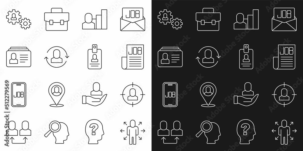 Set line Multitasking manager working, Head hunting, Search job, Productive human, Exchange, Resume, Human with gear and Identification badge icon. Vector