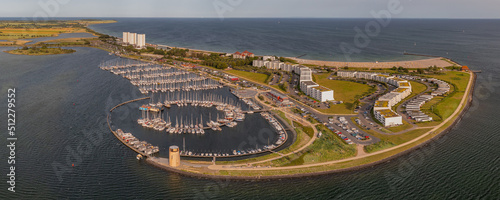 фотографія Aerial panoramic view of landscape with boats and sea in marina bay in Burgtiefe-Südstrand, Fehmarn, Germany