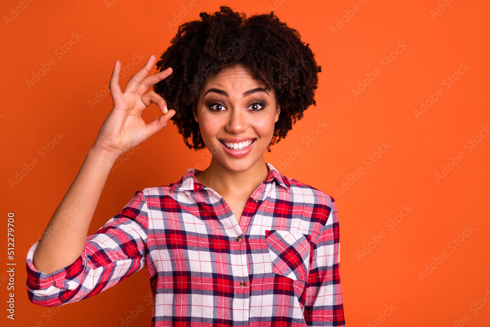 Portrait of pretty positive lady hand fingers demonstrate okey approve symbol isolated on orange color background Portrait of pretty positive lady hand fingers demonstrate okey approve symbol isolated on orange color background