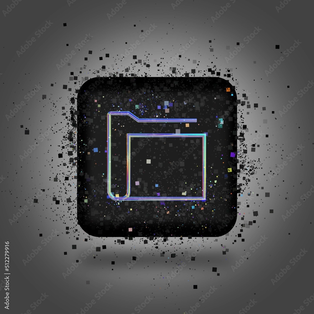 Particles Cube Logo A holographic icon on a black cube made of a vortex of particles. The ...