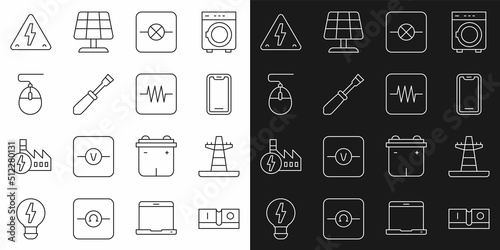 Set line Electric light switch, tower line, Mobile phone, Lamp electronic circuit, Screwdriver, Computer mouse, High voltage and Resistor icon. Vector