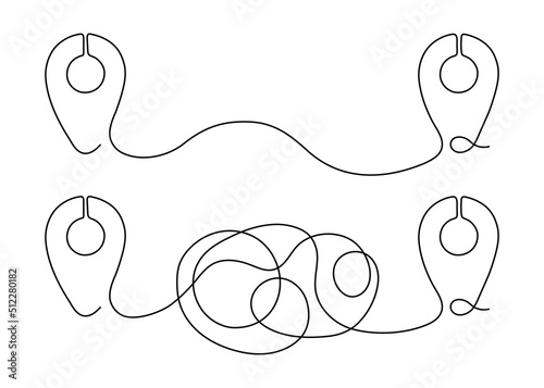 Right and tangled path outline with location point on map, plan of road way destination, continuous one line drawing. Route with pointers. Real chaotic route way and true easy ideal path. Vector