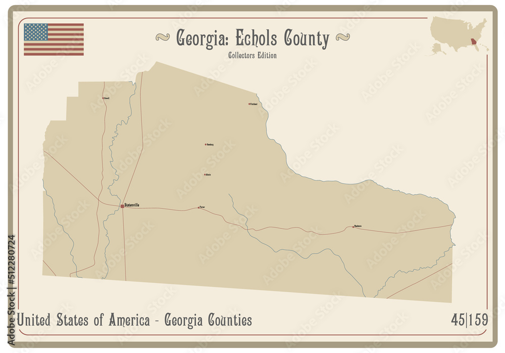 Map on an old playing card of Echols county in Georgia, USA.